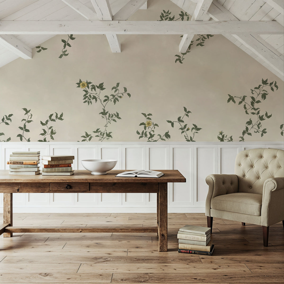 Rambling Rose, Mustard on Cream Mural Wallpaper - room preview 03