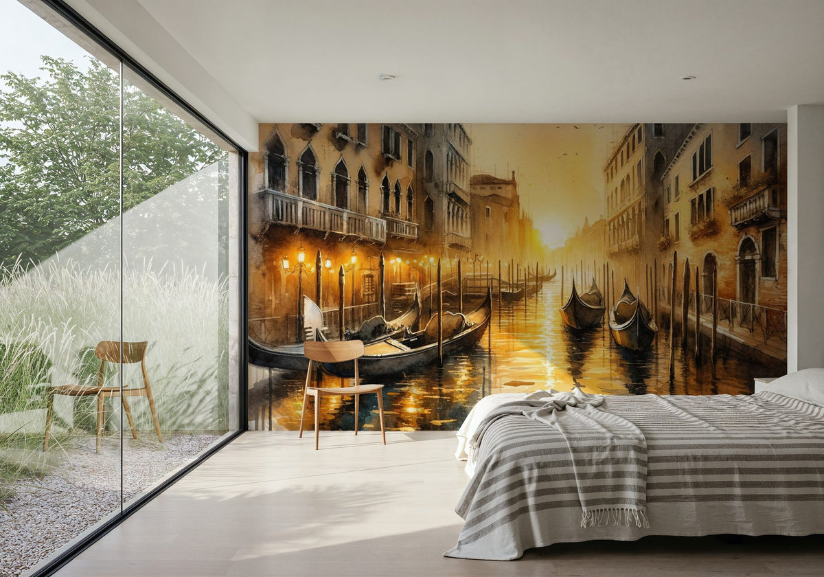Sunset Over Venetian Canals with Gondolas Mural Wallpaper - room preview 03