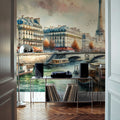Parisian River Scene with Eiffel Tower Mural Wallpaper - room preview 03