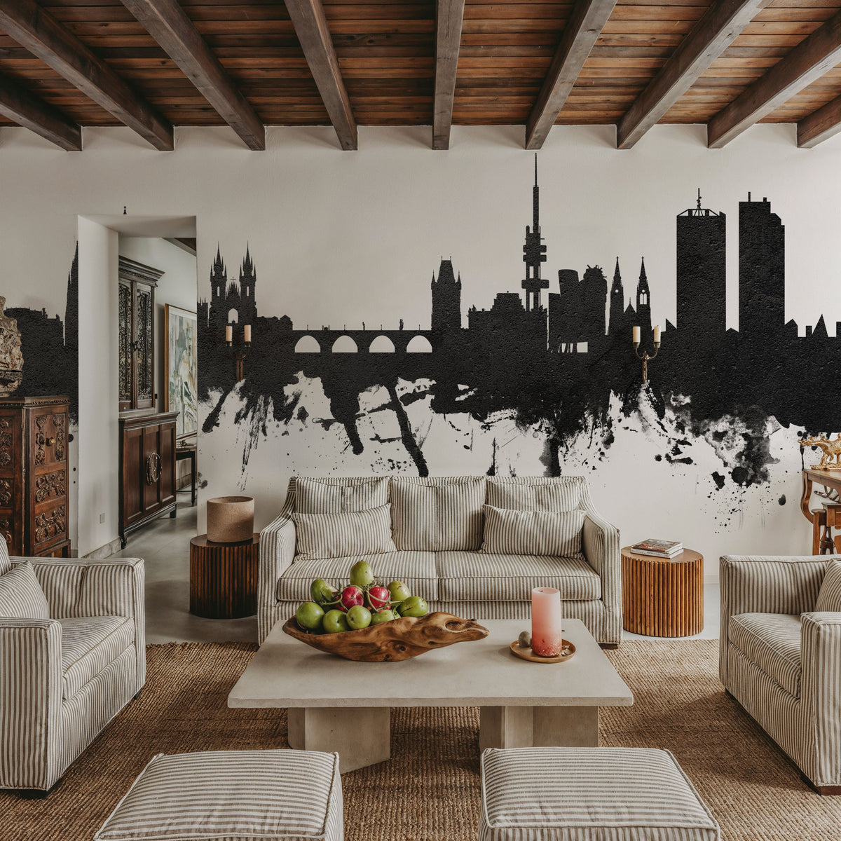 Prague (Praha) Czech Republic Skyline Black & White Mural Wallpaper - room preview 03