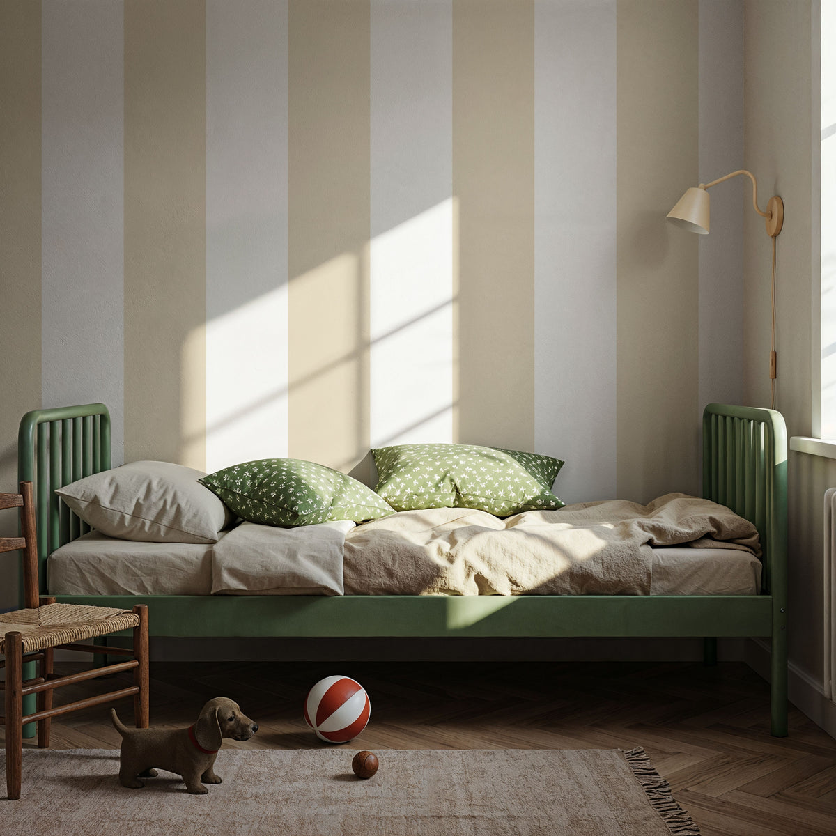 Scalloped Circus Stripes, Beige Mural Wallpaper - room preview 03
