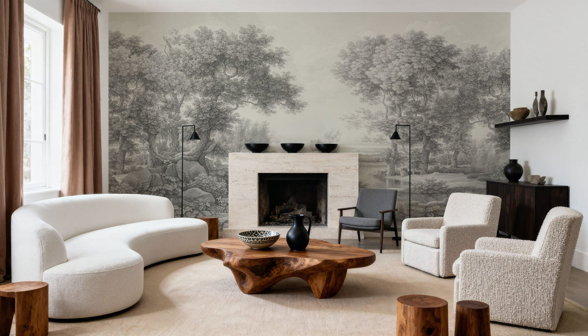 Riverbank Oak Landscape, Argent Mural Wallpaper - room preview 03