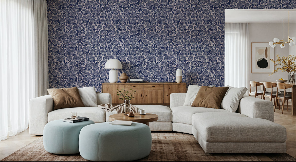 Hydrangea, Navy on Cream Mural Wallpaper - room preview 03