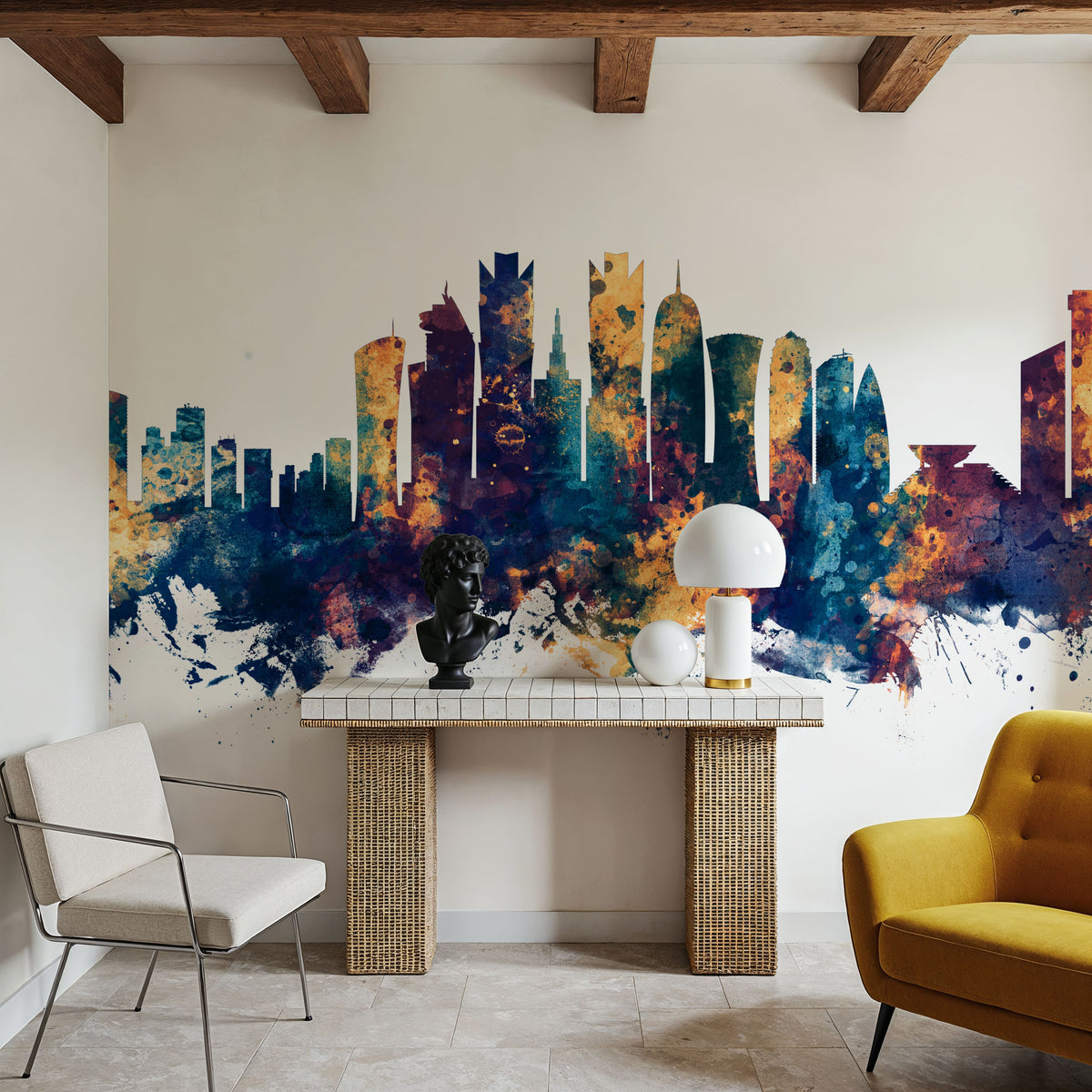 Doha Qatar Skyline Blue & Bronze Mural Wallpaper - room preview 03