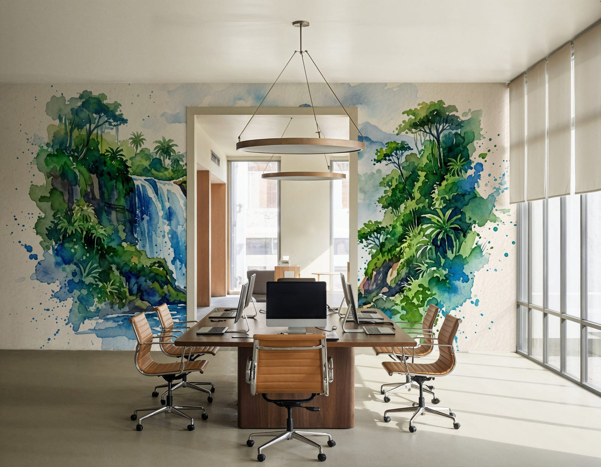 Tropical Waterfall - Watercolor Landscapes Series Mural Wallpaper - room preview 03