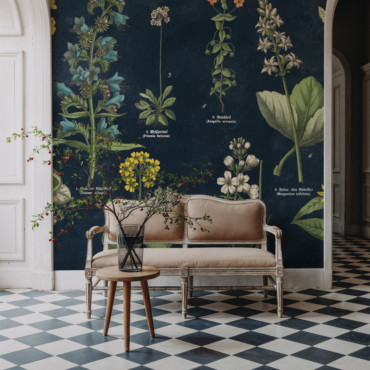 Botanical Floral Chart I Dark Blue Mural Wallpaper - room preview 03