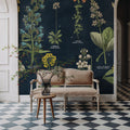 Botanical Floral Chart I Dark Blue Mural Wallpaper - room preview 03