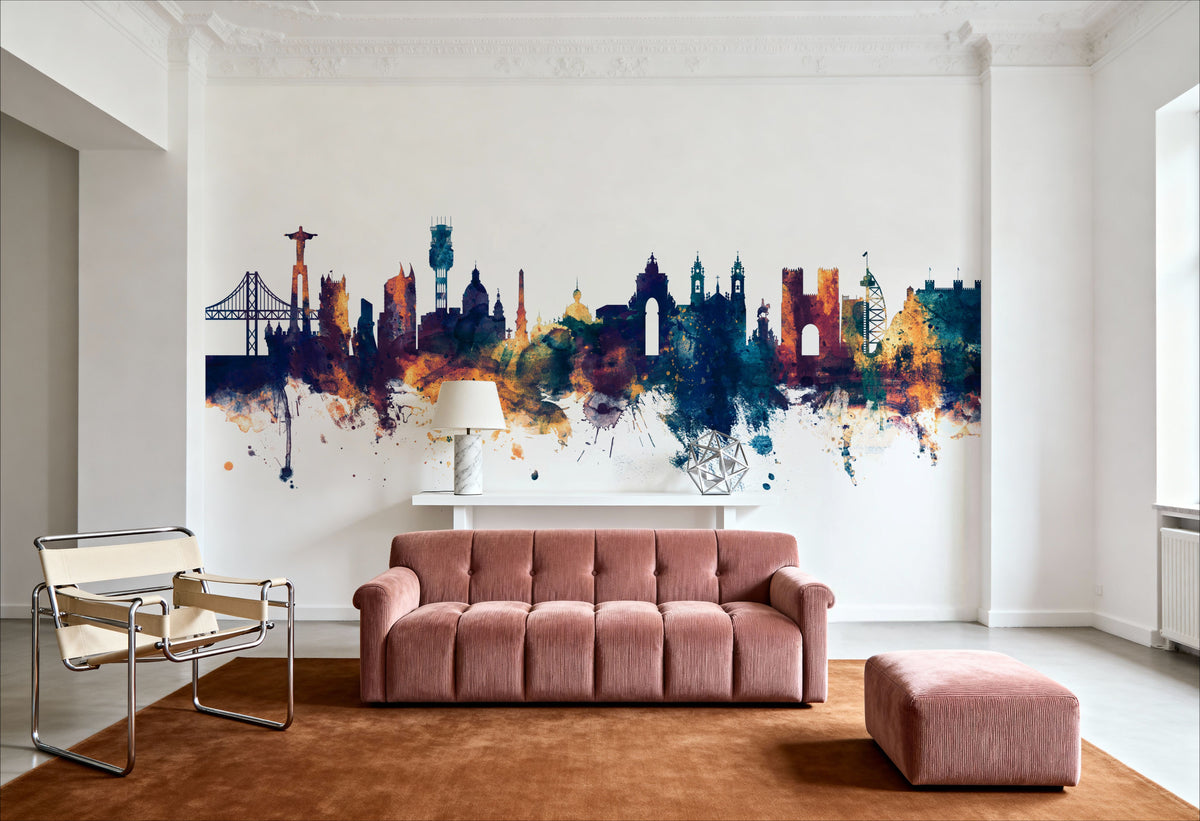 Lisbon Portugal Skyline Blue & Bronze Mural Wallpaper - room preview 03