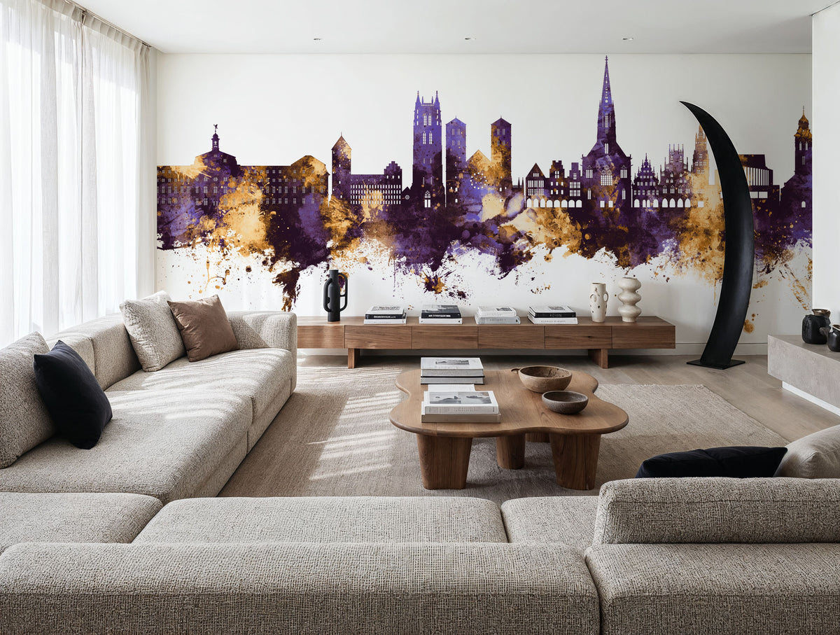 Münster Germany Skyline Purple & Gold Mural Wallpaper - room preview 03