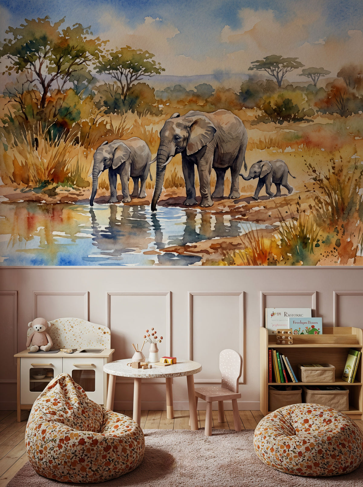 Elephants by the Water Hole - Watercolor Landscapes Series Mural Wallpaper - room preview 03