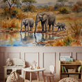 Elephants by the Water Hole - Watercolor Landscapes Series Mural Wallpaper - room preview 03