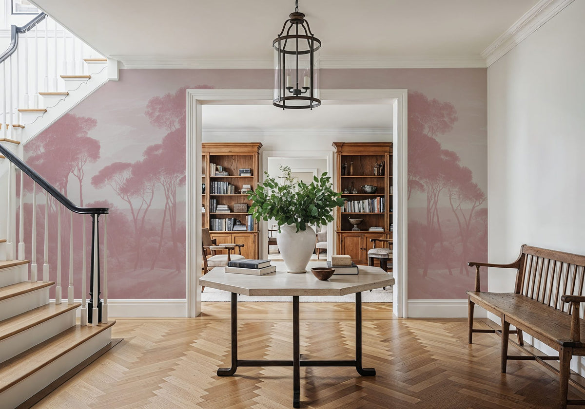Mediterranean Pine Landscape, Dusty Pink Mural Wallpaper - room preview 03