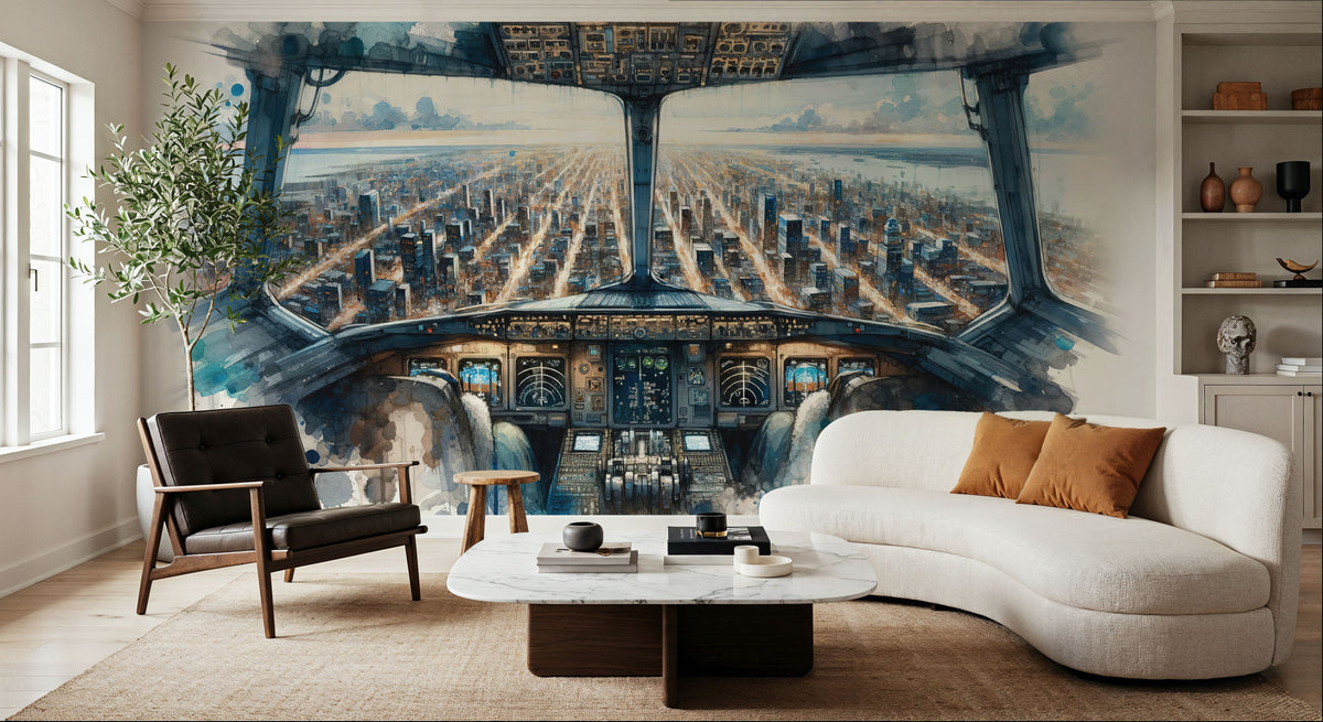 Cityscape From Airplane Cockpit Mural Wallpaper - room preview 03