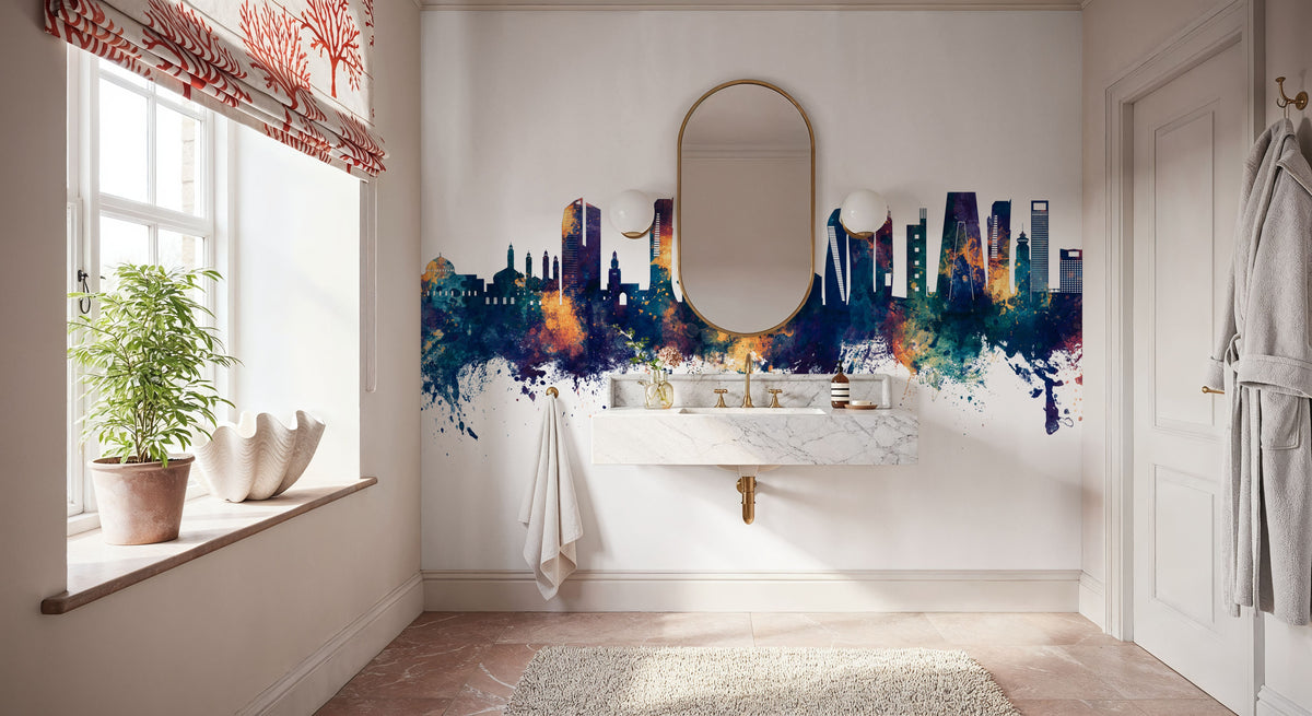 Kuwait City Skyline Blue & Bronze Mural Wallpaper - room preview 03