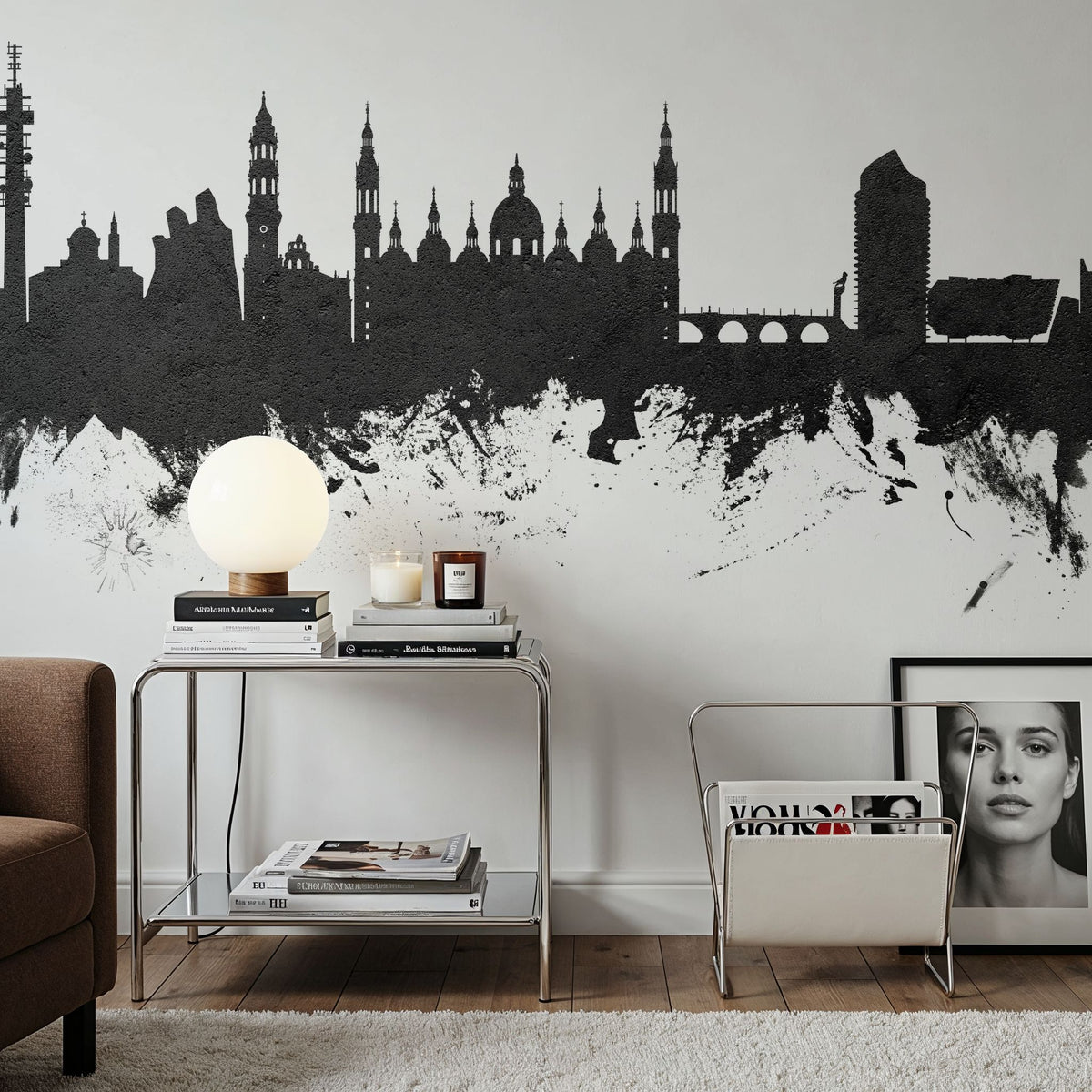 Zaragoza Spain Skyline Black & White Mural Wallpaper - room preview 03