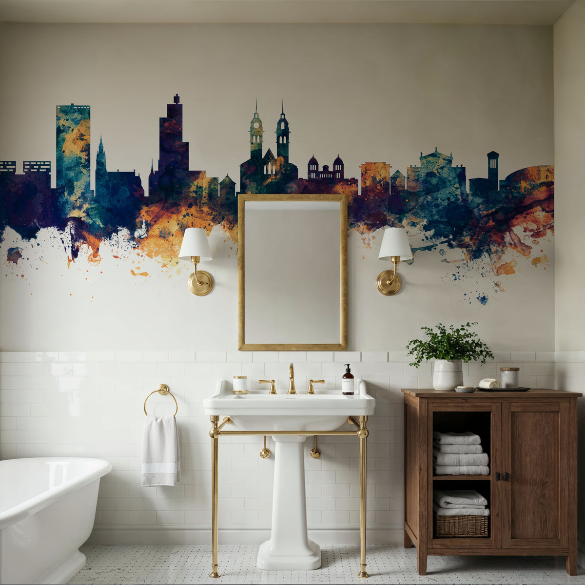 Wintherthur Switzerland Skyline Blue & Bronze Mural Wallpaper - room preview 03