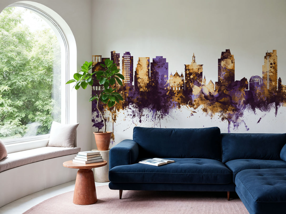 San Jose California Skyline Purple & Gold Mural Wallpaper - room preview 03