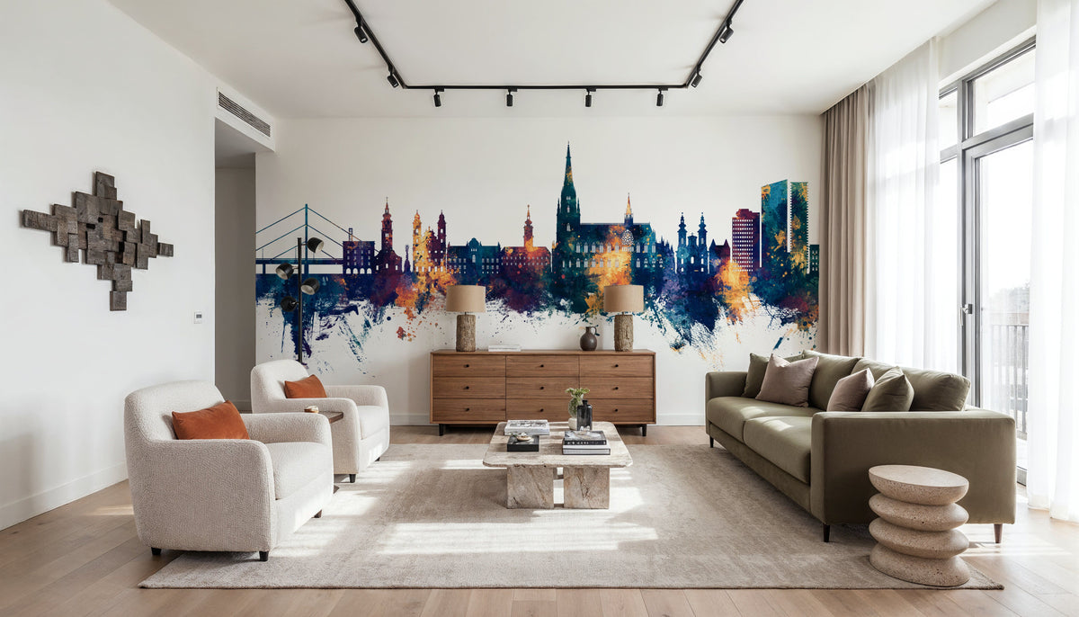 Linz Austria Skyline Blue & Bronze Mural Wallpaper - room preview 03