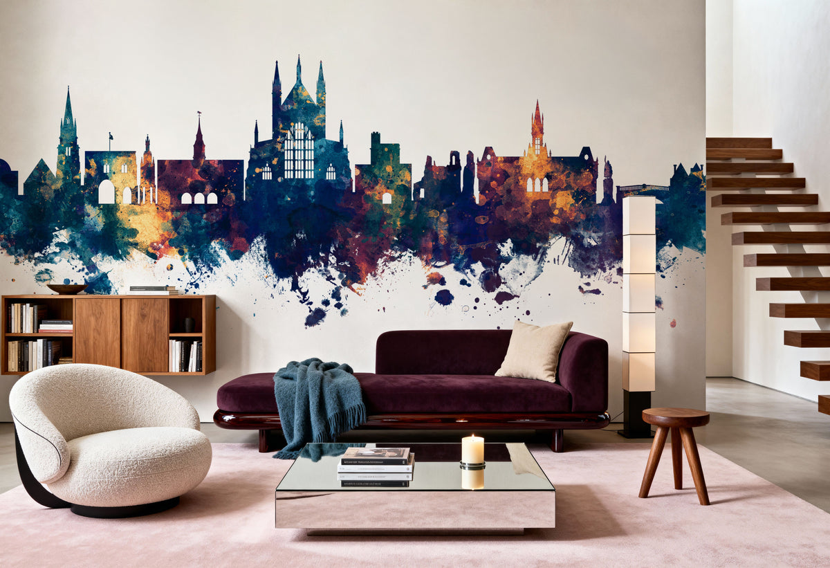 Winchester England Skyline Blue & Bronze Mural Wallpaper - room preview 03