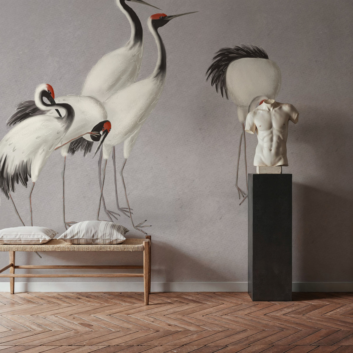 Japanese Cranes - Stone Mural Wallpaper - room preview 03