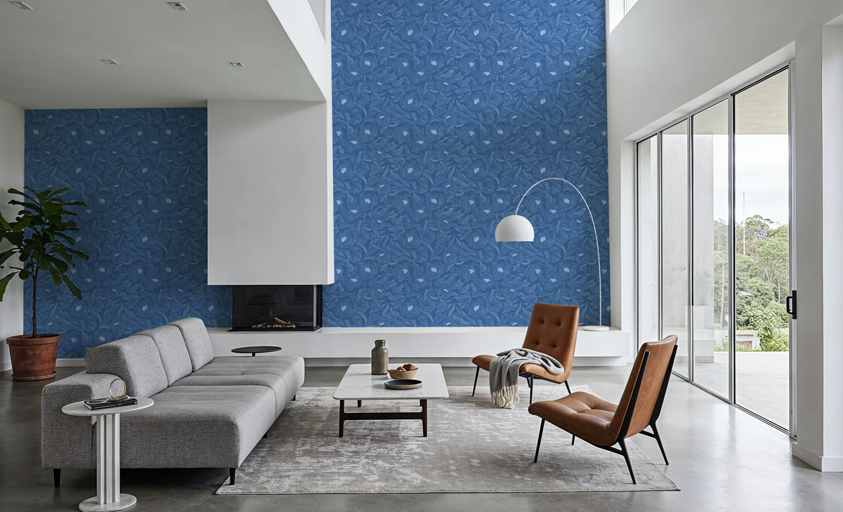 Hidden Peonies, Blue Mural Wallpaper - room preview 03