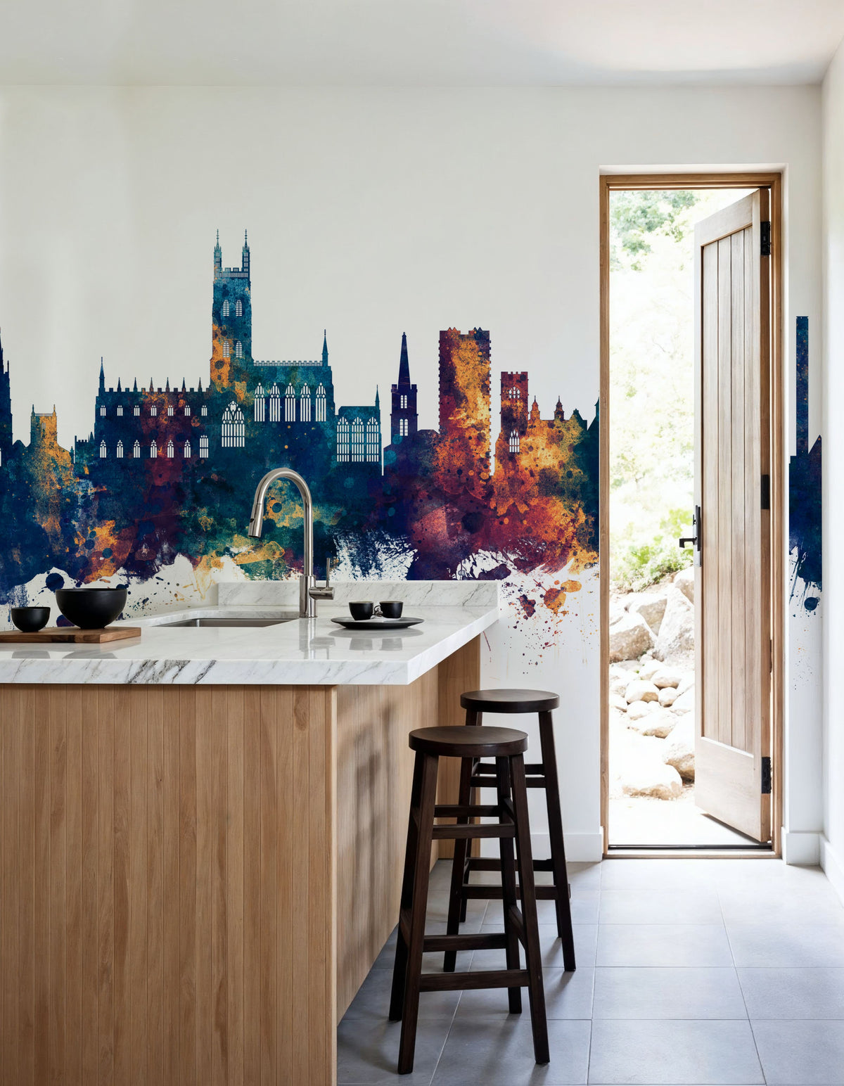 Gloucester England Skyline Blue & Bronze Mural Wallpaper - room preview 03