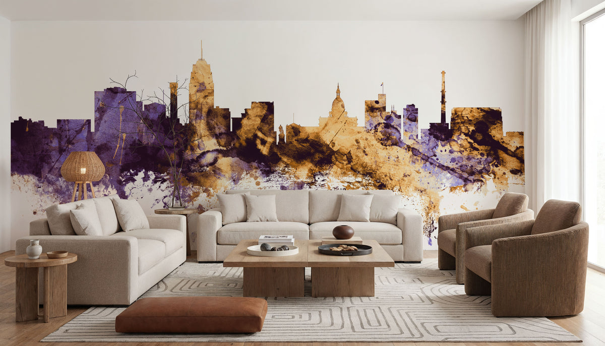 Lansing Michigan Skyline Purple & Gold Mural Wallpaper - room preview 03