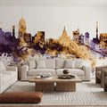 Lansing Michigan Skyline Purple & Gold Mural Wallpaper - room preview 03