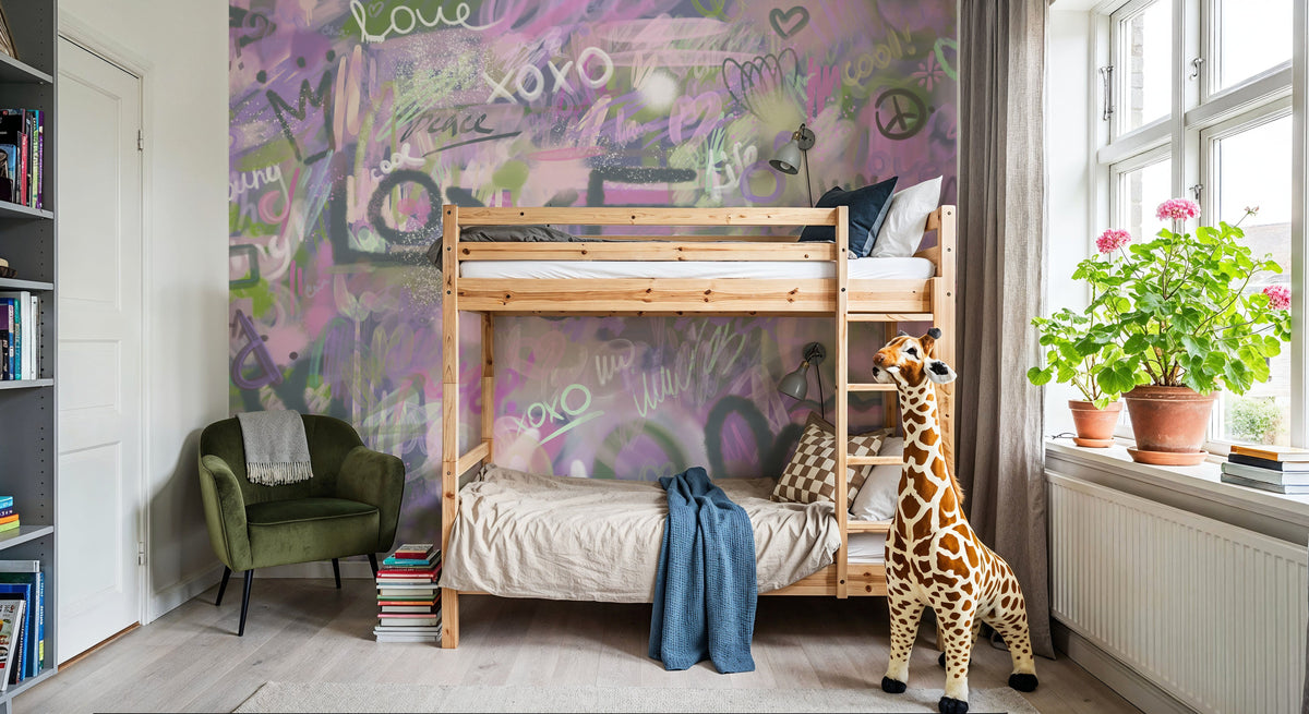 Graffiti Love, Lavender Mural Wallpaper - room preview 03