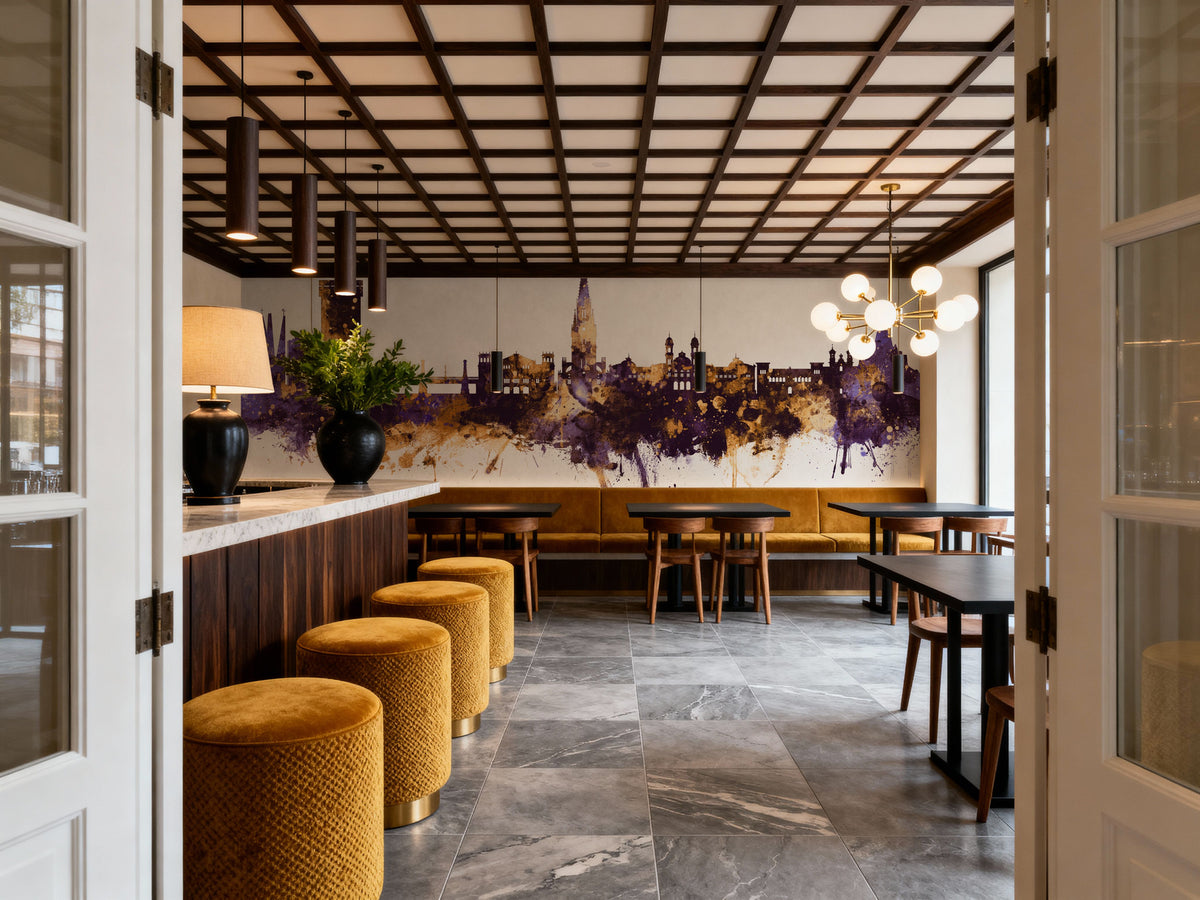 San Sebastian Spain Skyline Purple & Gold Mural Wallpaper - room preview 03
