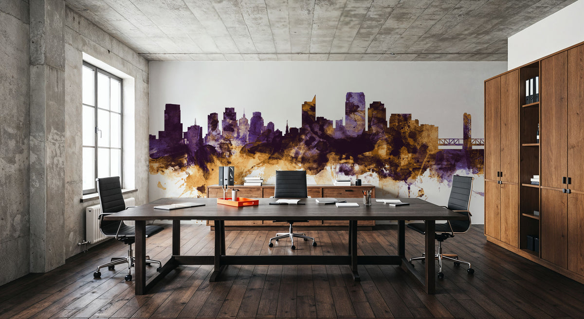 Sacramento California Skyline Purple & Gold Mural Wallpaper - room preview 03