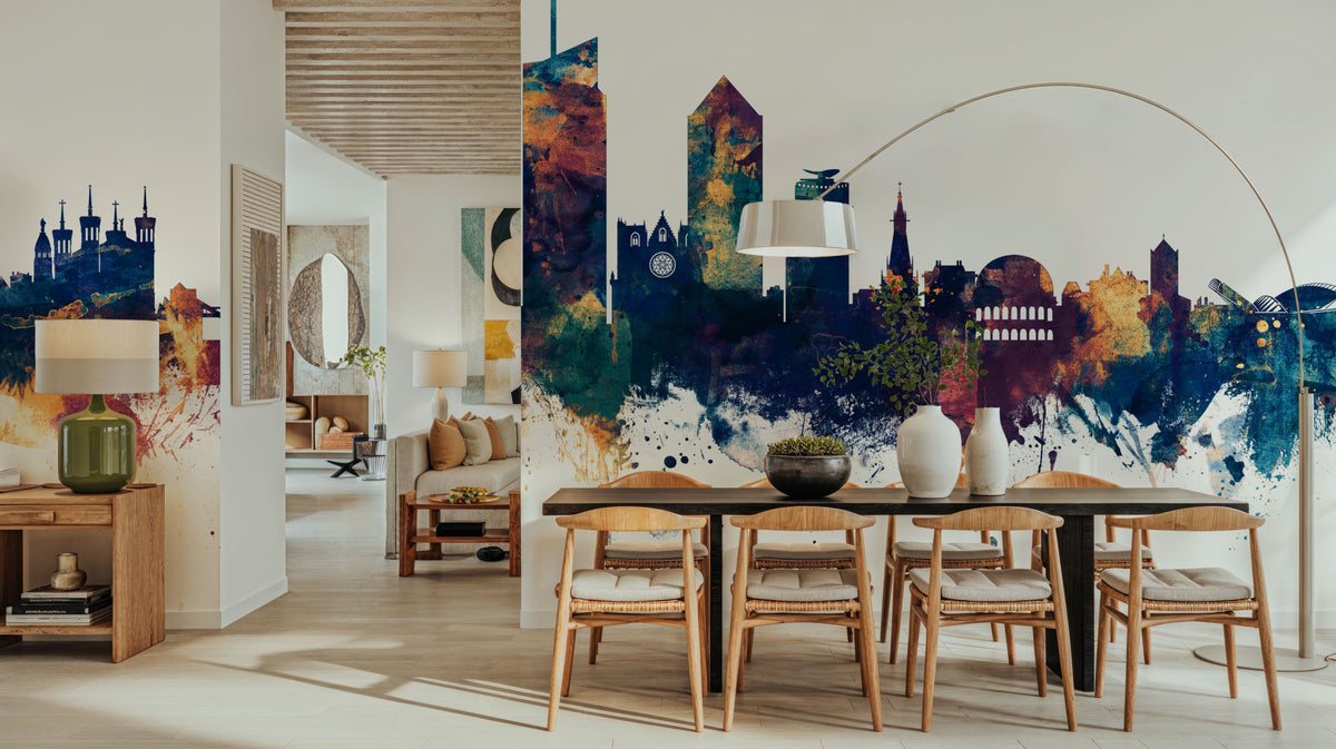 Lyon France Skyline Blue & Bronze Mural Wallpaper - room preview 03