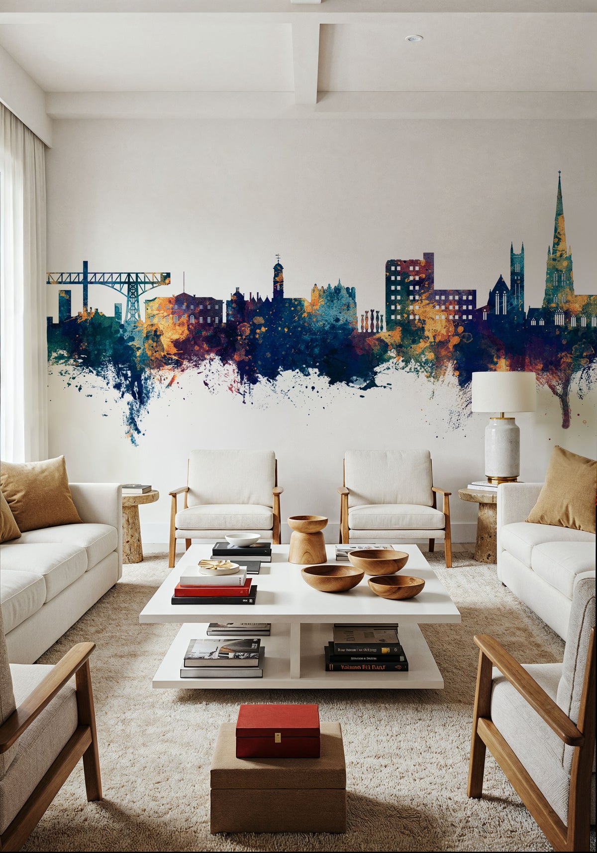 Warrington England Skyline Blue & Bronze Mural Wallpaper - room preview 03