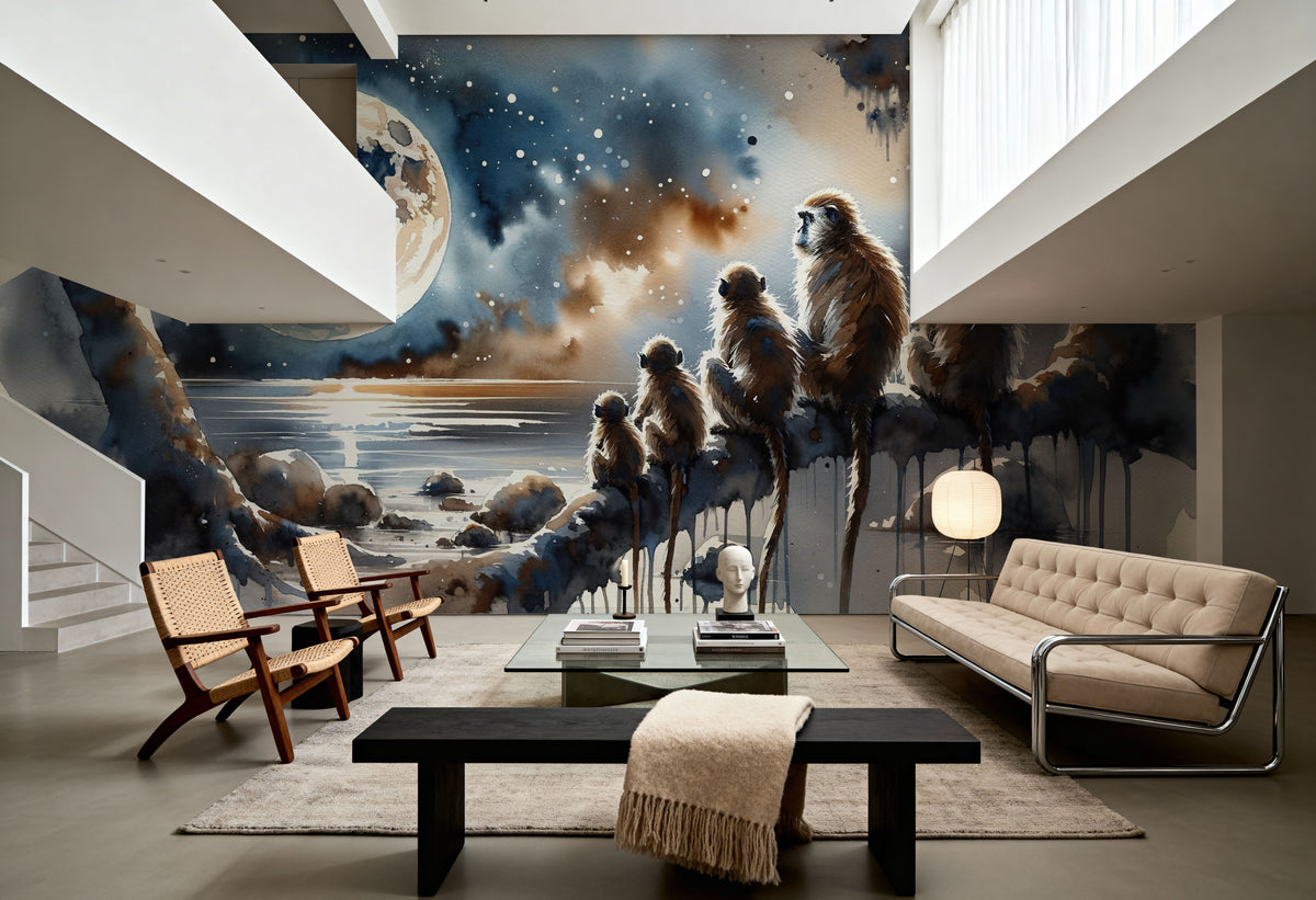 Monkey Family Night Giant Moon Watercolor Mural Wallpaper - room preview 03