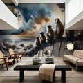 Monkey Family Night Giant Moon Watercolor Mural Wallpaper - room preview 03