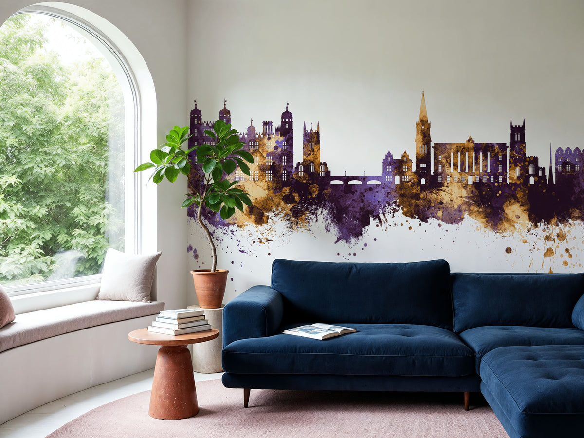 Stamford England Skyline Purple & Gold Mural Wallpaper - room preview 03