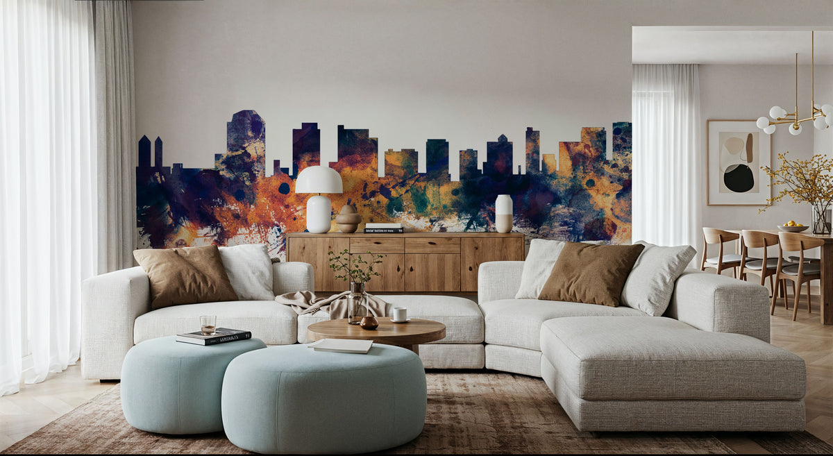 Wilmington Delaware Skyline Blue & Bronze Mural Wallpaper - room preview 03