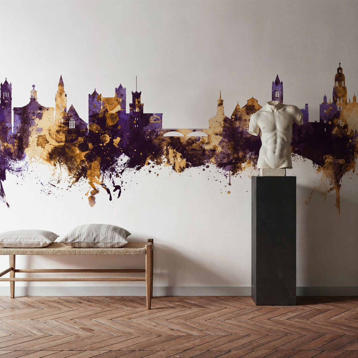 Nashua New Hampshire Skyline Purple & Gold Mural Wallpaper - room preview 03