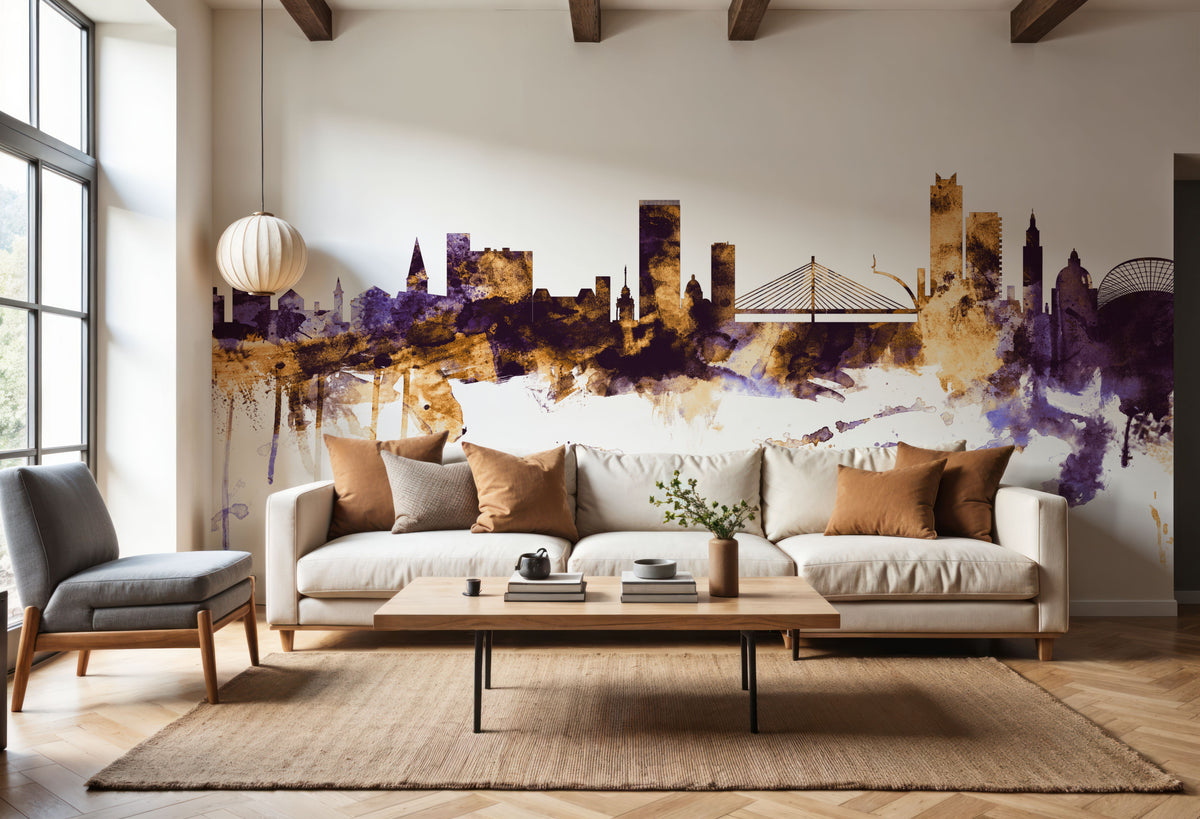 Liege Belgium Skyline Purple & Gold Mural Wallpaper - room preview 03