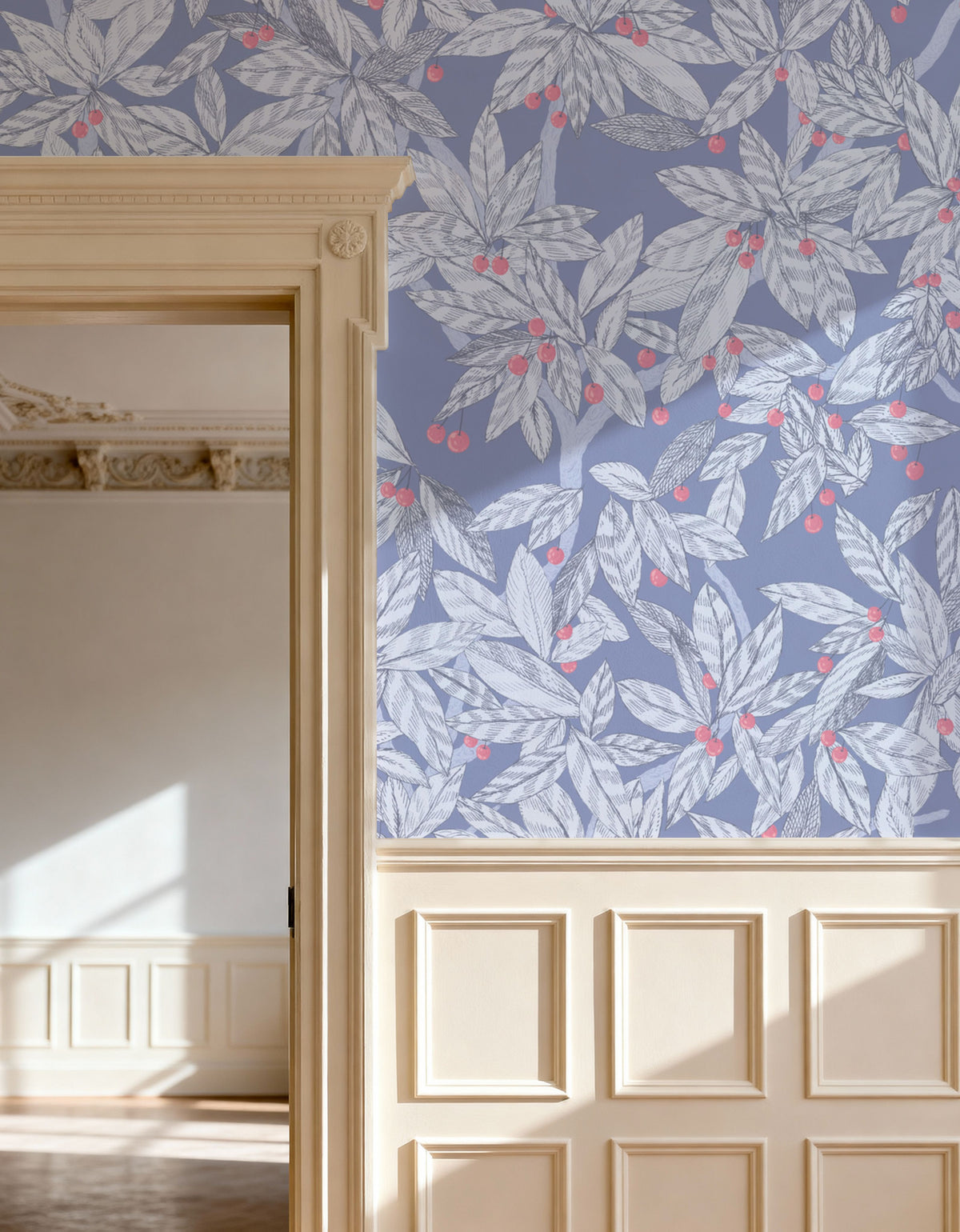 Cherry Tree Birds, Periwinkle Mural Wallpaper - room preview 03