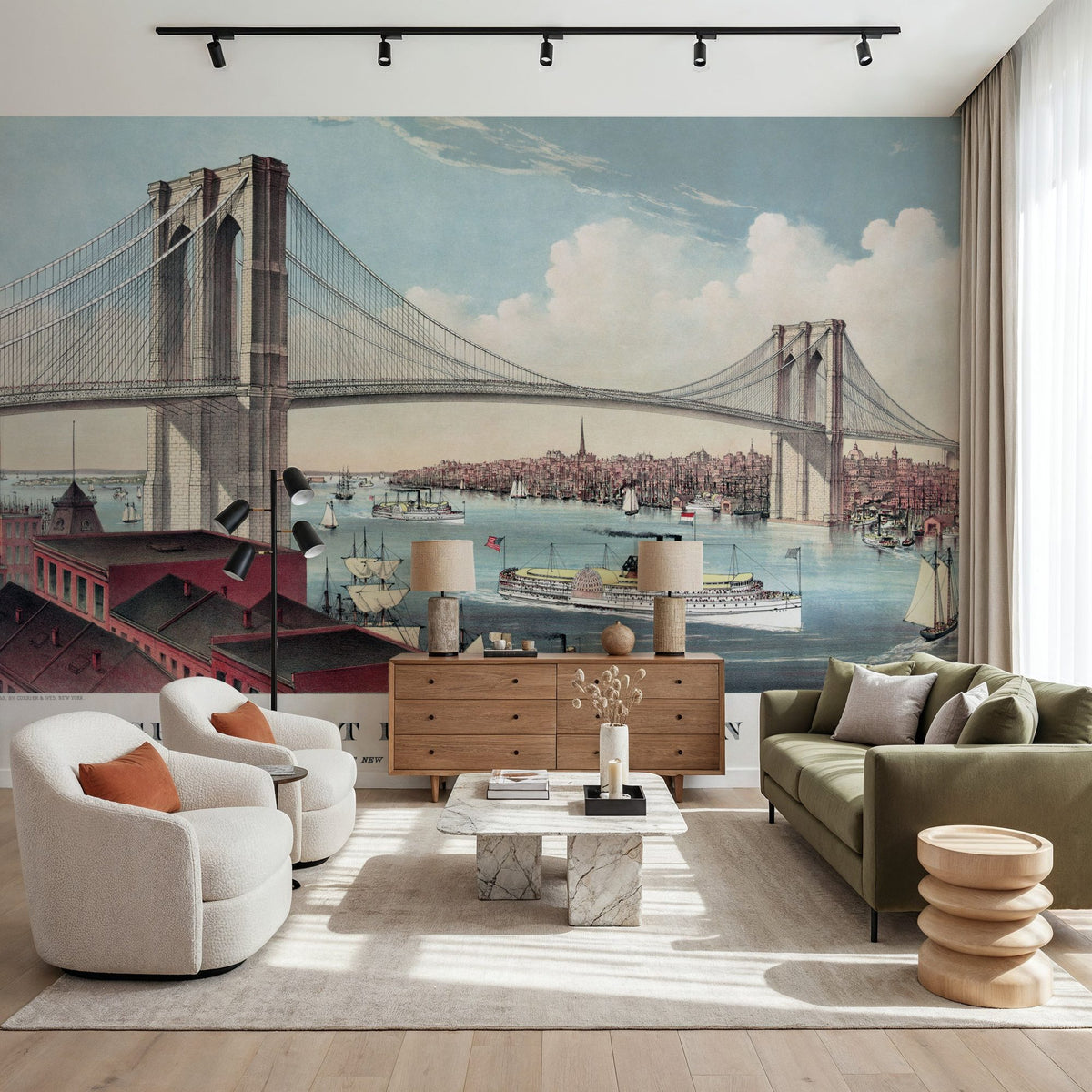 Vintage Wallpaper Mural – Retro Wall Mural – Brrooklyn Bridge 1883 wall measurement