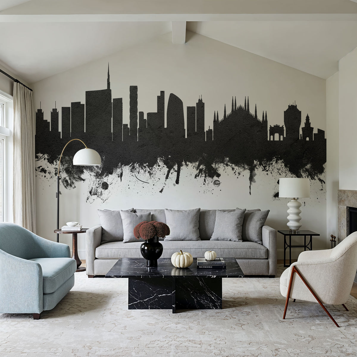 Milan Italy Skyline Black & White Mural Wallpaper - room preview 03