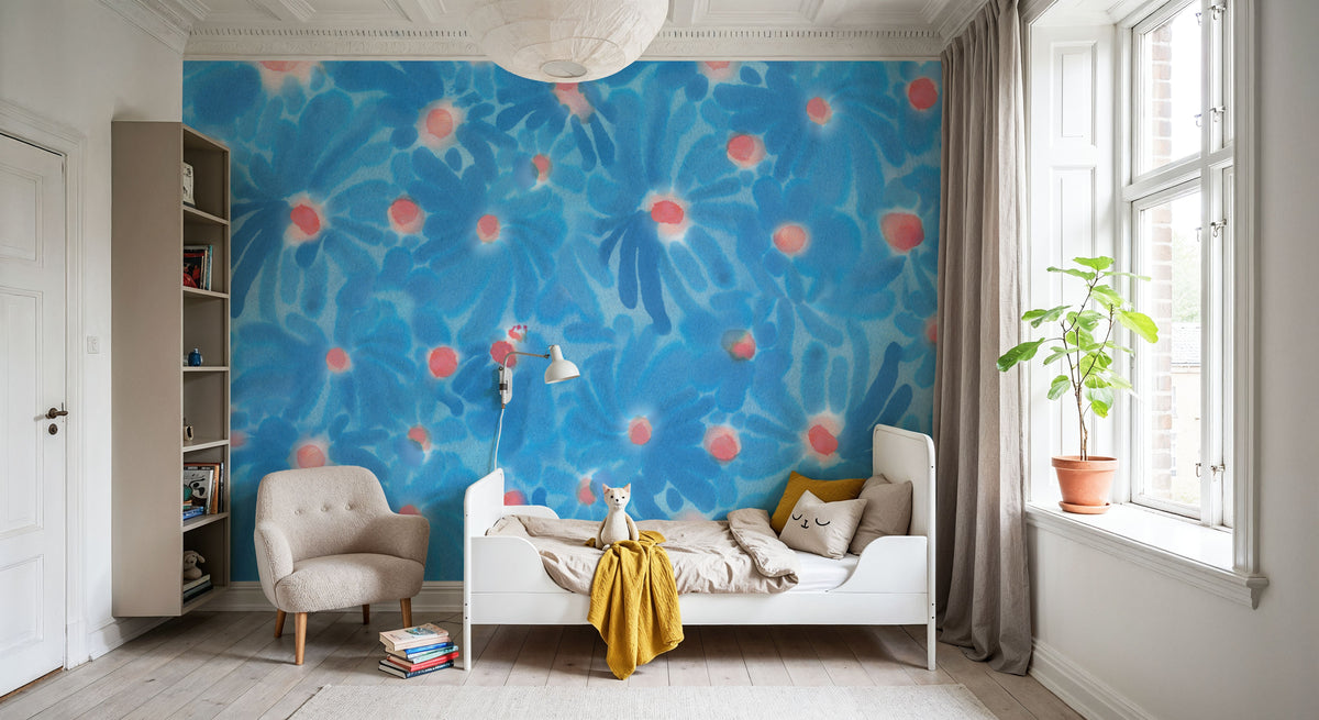 August Blossoms, Blue Mural Wallpaper - room preview 03