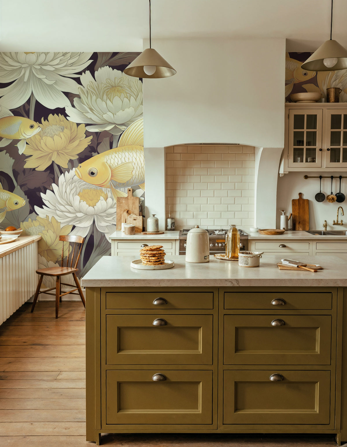 Dancing Fish, Yellow on Brown Mural Wallpaper - room preview 03