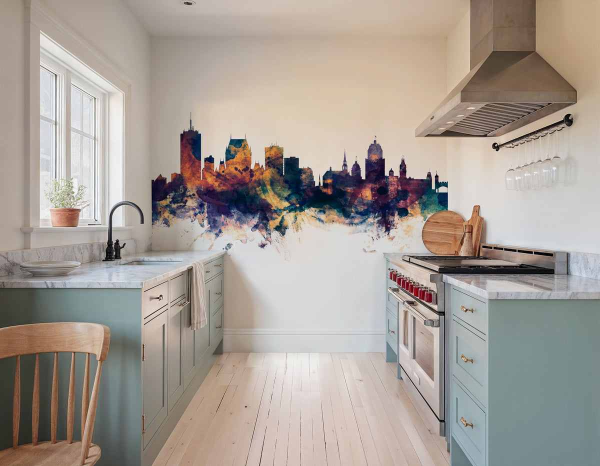 Quebec Canada Skyline Blue & Bronze Mural Wallpaper - room preview 03