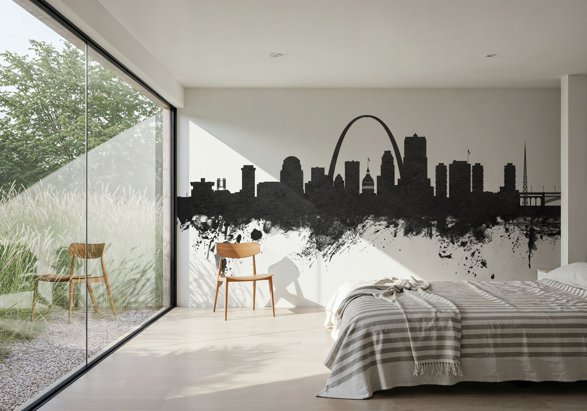 St Louis Missouri Skyline Black & White Mural Wallpaper - room preview 03