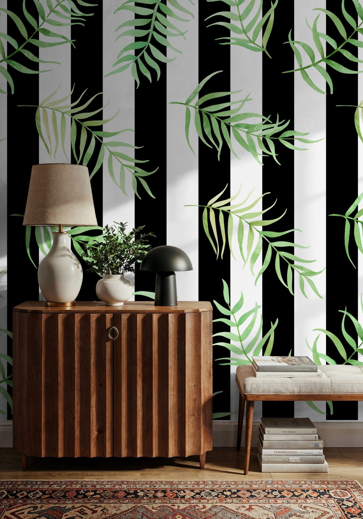 Black & White Stripe Leaves Mural Wallpaper - room preview 03