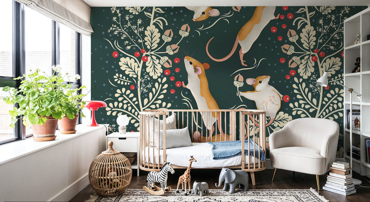 Holiday Mice, Emerald Mural Wallpaper - room preview 03