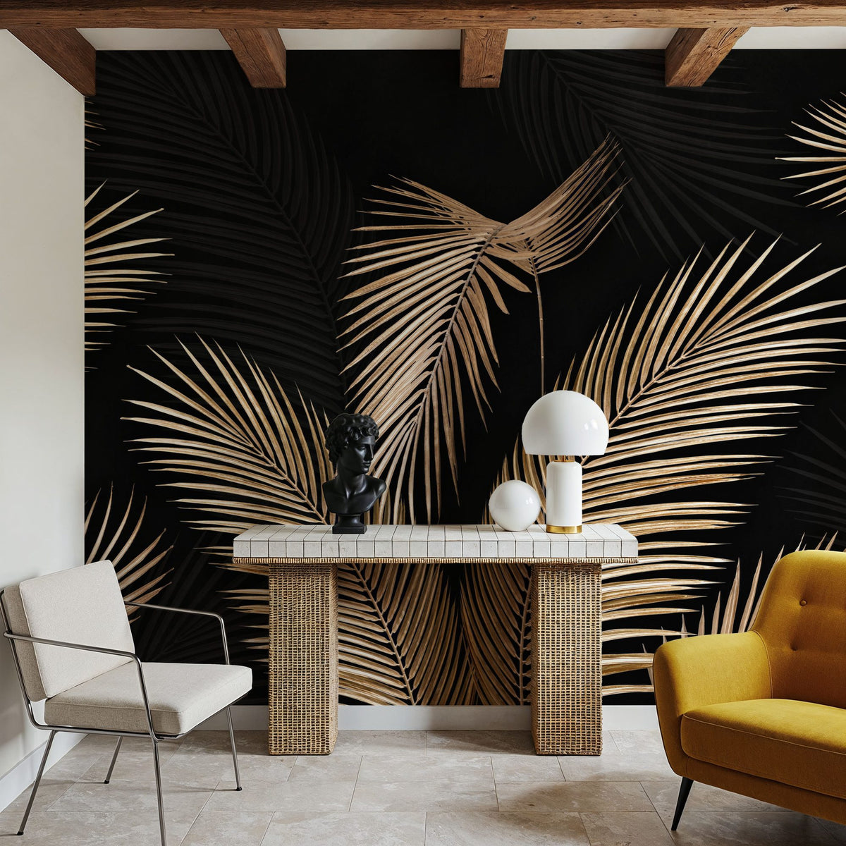 Bright Palms, Black Mural Wallpaper - room preview 03