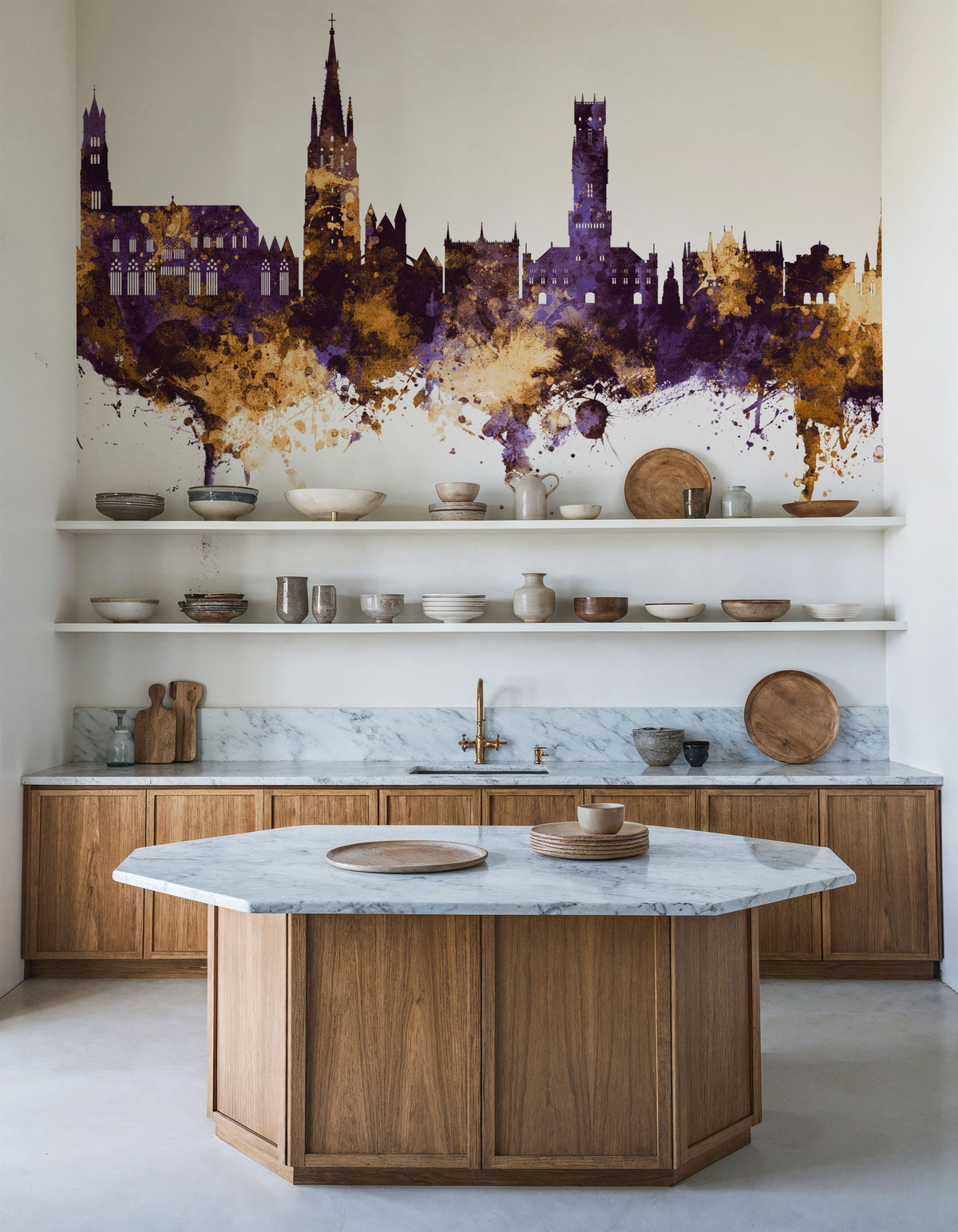 Bruges Belgium Skyline Purple & Gold Mural Wallpaper - room preview 03